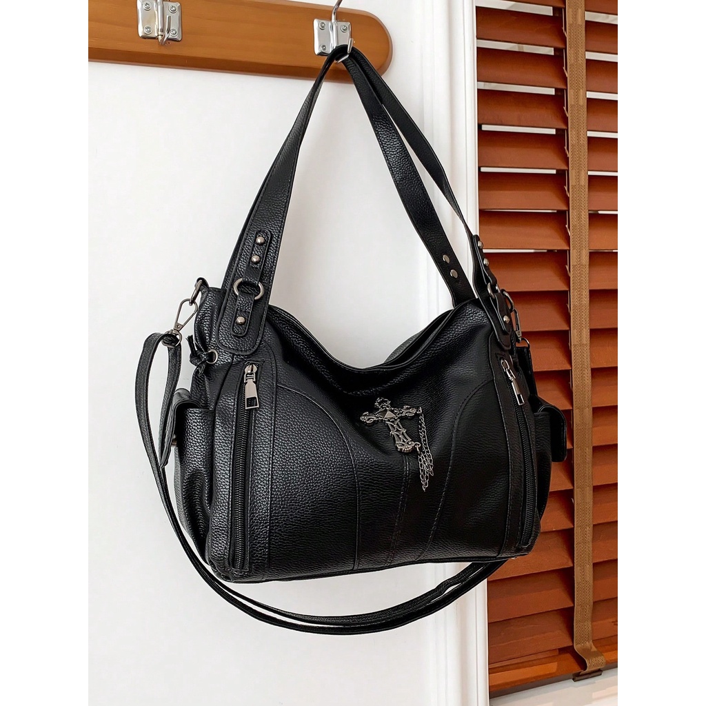 กระเป๋าสะพายข้าง Sholder Bag รุ่น Xiuya Y2k Large Capacity Shoulder Bag, Black PU Leather Cross Tote