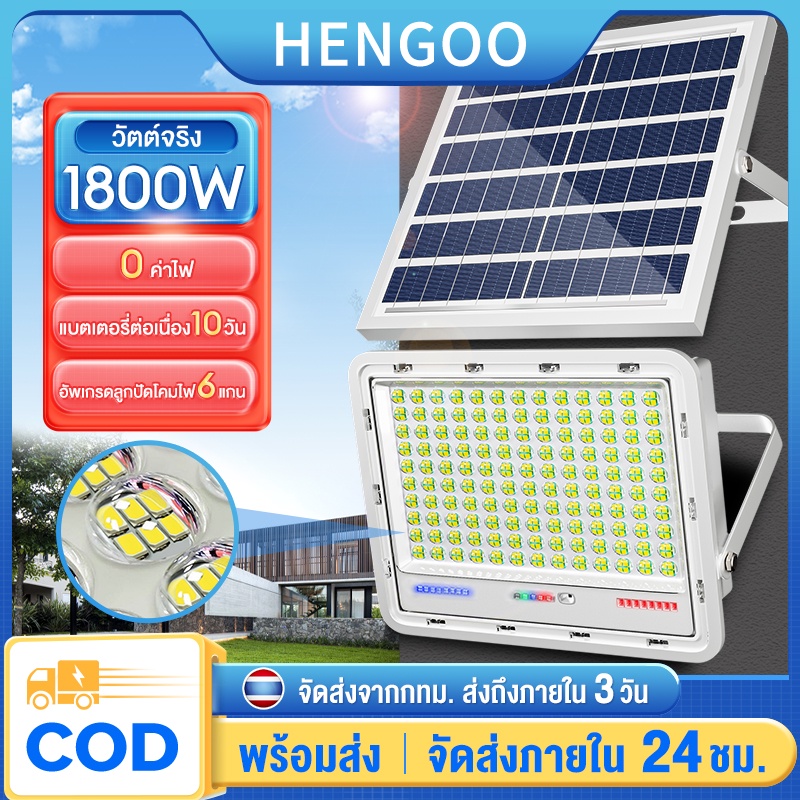 Hengoo 【รับประกัน3ปี】 1000W ไฟโซล่าเซลล์ Solar lights กันน้ำ LED สว่างอัตโนมัติเมื่อฟ้ามืด แสงสีขาว จับเวลาระยะไกล