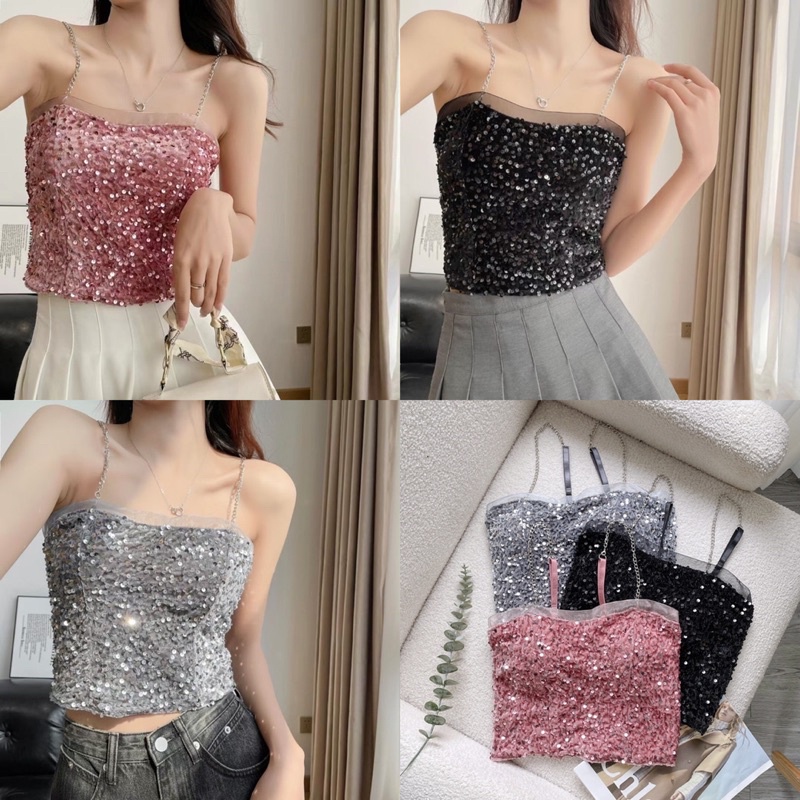 FK พร้อมส่ง สายเดี่ยว กลิตเตอร์ แต่งโซ่ มีฟองน้ำในตัว