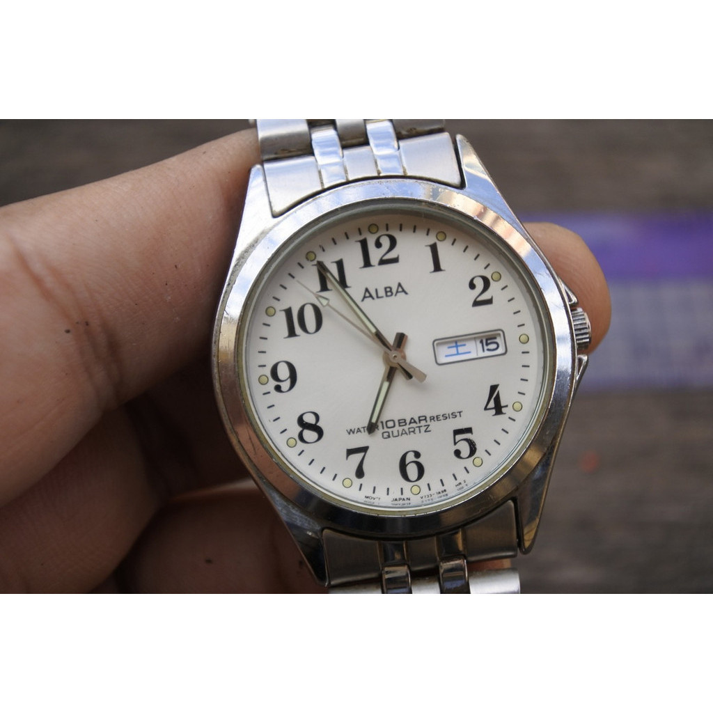 นาฬิกา Vintage มือสองญี่ปุ่น Alba V733 7A70 วันที่คันจิ ผู้ชาย ทรงกลม ระบบ Quartz ขนาด37mm ใช้งานได้ปกติ ของแท้
