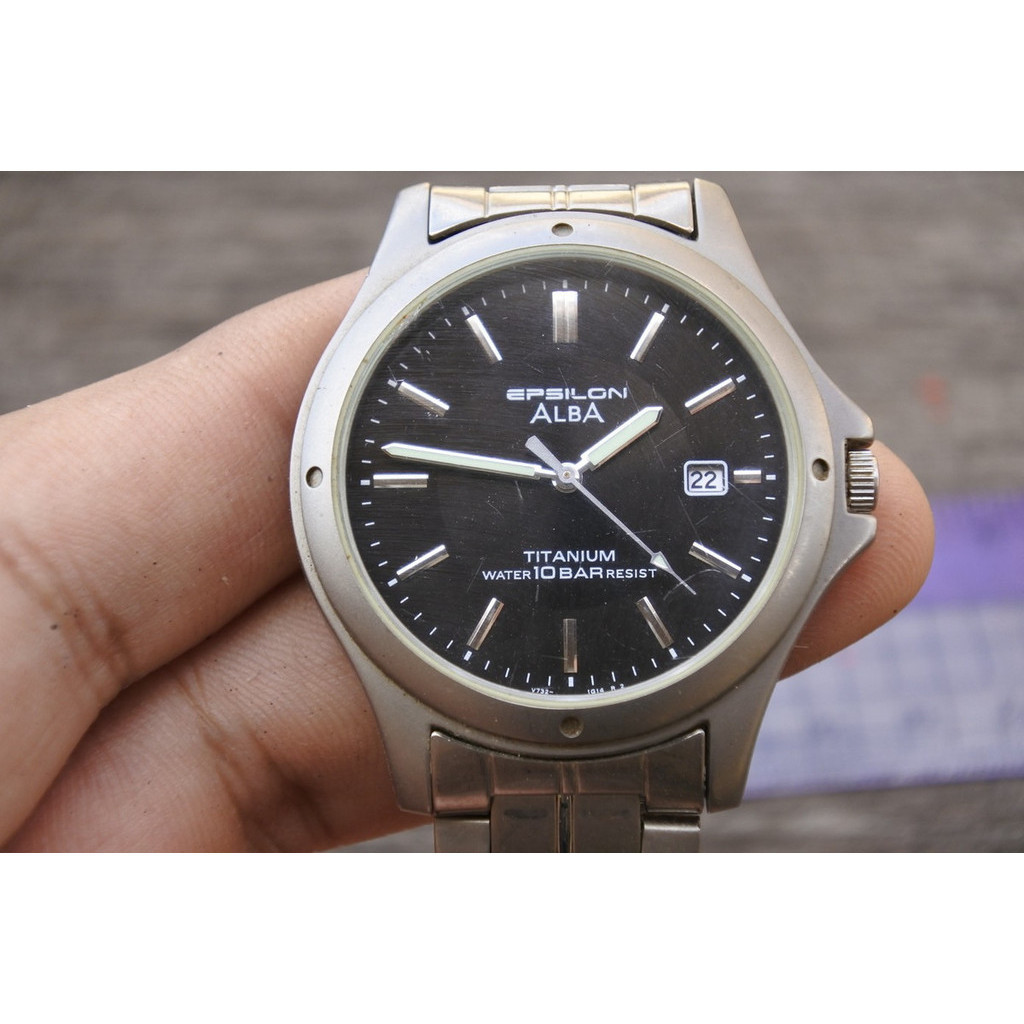 นาฬิกา Vintage มือสองญี่ปุ่น ALBA Epsilon Titanium V732 0R80 หน้าดำ ผู้ชาย ทรงกลม Quartz ขนาด39mm ใช