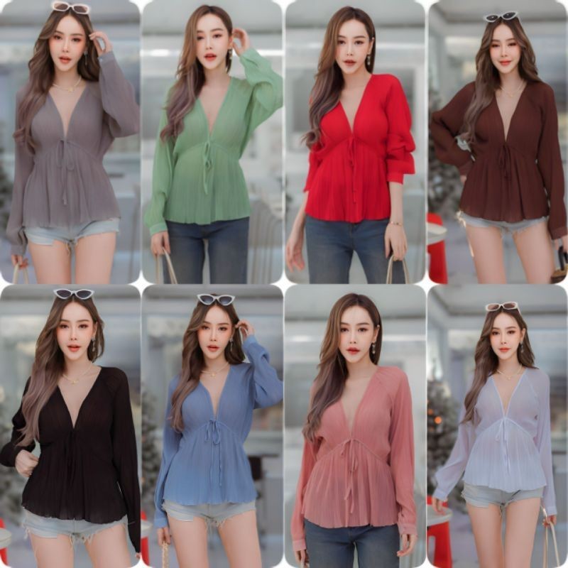 เสื้อแขนยาวคอวีผ้าอัดพลีท