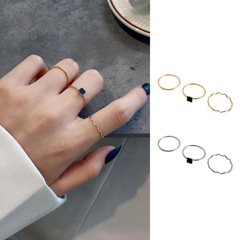 Xinyia1 แหวนเพทาย ทรงสี่เหลี่ยม ขนาดเล็ก ไฮเอนด์ เรียบง่าย สีดํา 3 ชิ้น
