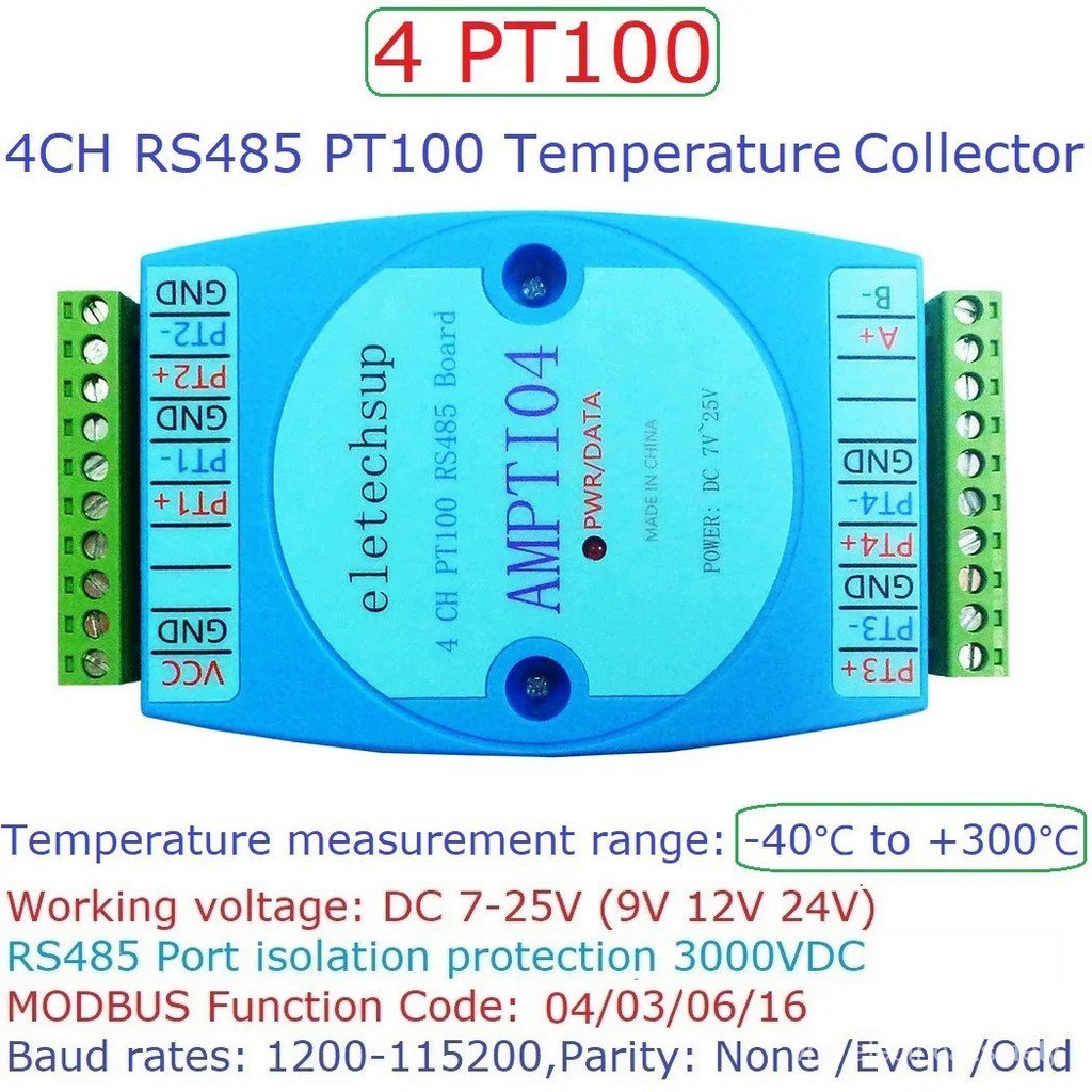 DC 12V 24V 4AI -40 ~ 300องศาเซลเซียส PT100 RTD Sensor To RS485 Temperature Collector โมดูล Platinum 
