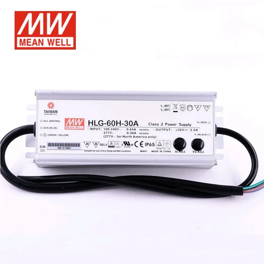 MEAN WELL LED Driver HLG-60H A ประเภท60W LED แหล่งจ่ายไฟ12V 15V 20V 24V 30V 36V 42V 48V 54V กันน้ำปร