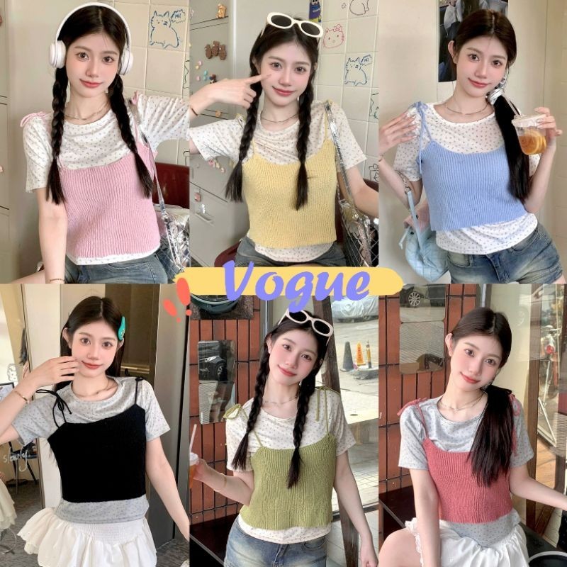 Vogue🌟พร้อมส่ง🌟 คอกลม เสื้อแขนสั้น / สายเดี่ยว การแบ่งชั้นไม่สม่ำเสมอ การรวมกันที่ดี (76112/76113)
