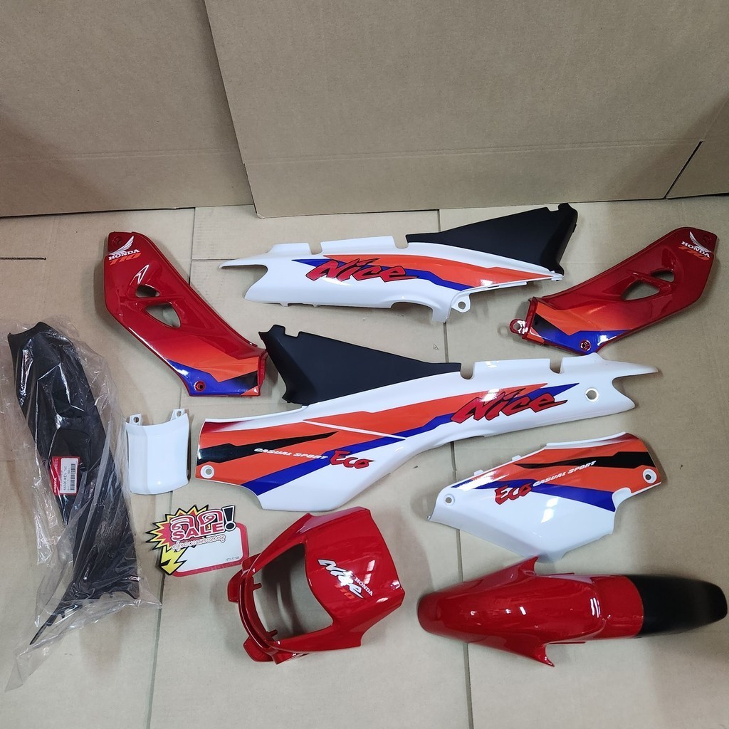 nice รุ่นแรก nice 110 ท้ายwave ชุดสีมอเตอร์ไซค์ กาบรถ เฟรมรถ แฟริ่งรถ สีแดงขาว ติดลายยกชุด9ชิ้น พร้อ