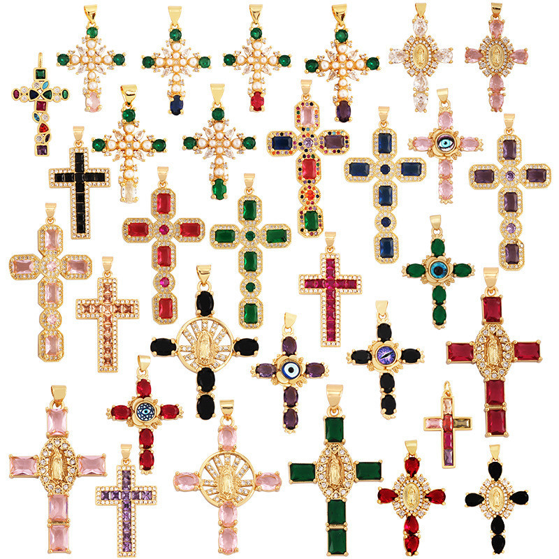 M51 M73 Ornament Pure Copper Micro-Inlaid Color Zircon Pearl Cross Necklace Pendant Small Pendant