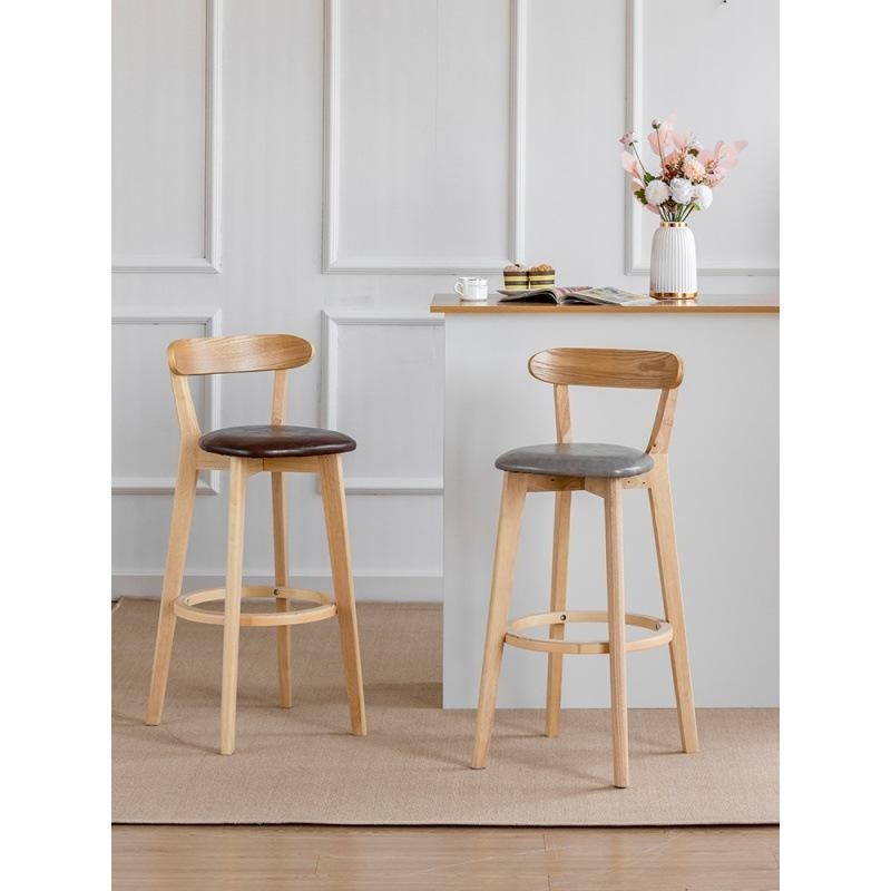 HotรับประกันคุณภาพBar Stool Simple Solid Wood Home High Stool Nordic a High Stool Backrest Bar Chair Light Luxury Front