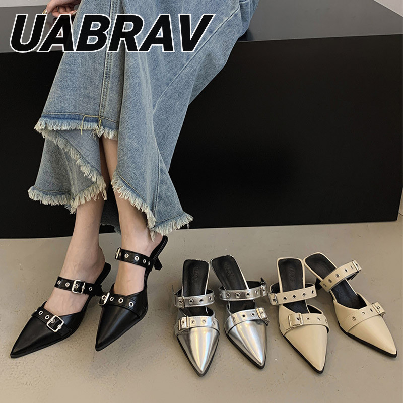 UABRAV.รองเท้าส้นสูง หัวแหลม แต่งหัวเข็มขัดโลหะ สไตล์ยุโรป และอเมริกา สําหรับผู้หญิง(ขนาด:35-40)