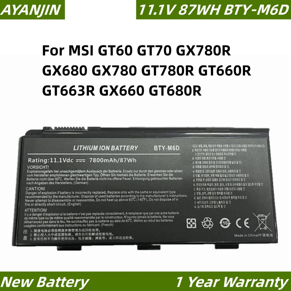 ใหม่ BTY-M6D 11.1V 87WH แบตเตอรี่แล็ปท็อปสำหรับ MSI GT60 GT70 GX780R GX660 GT780R GT660R GT663R