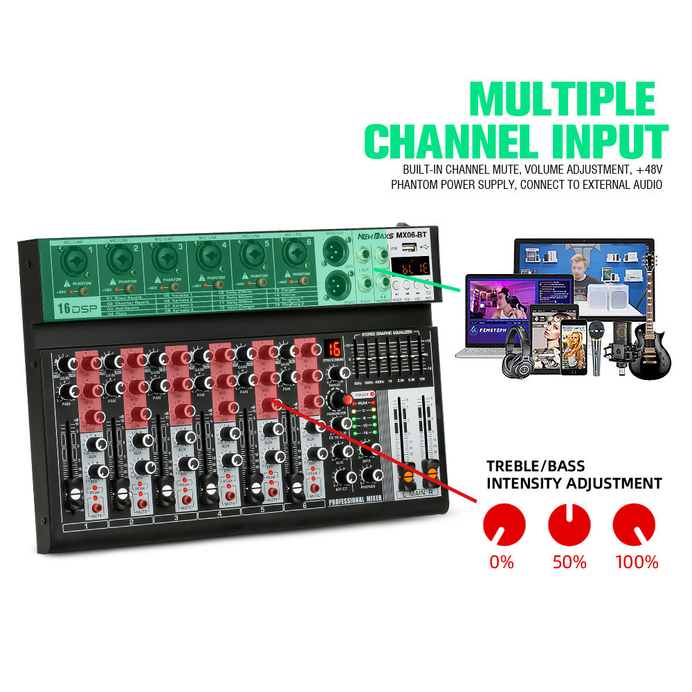 NEW BAXS 6 ช่องโทนเสียง MX06BT AUDIO MIXER มาพร้อมกับ Equalizer 16DSP Effecter รองรับการเล่น Bluetooth / USB / MP3