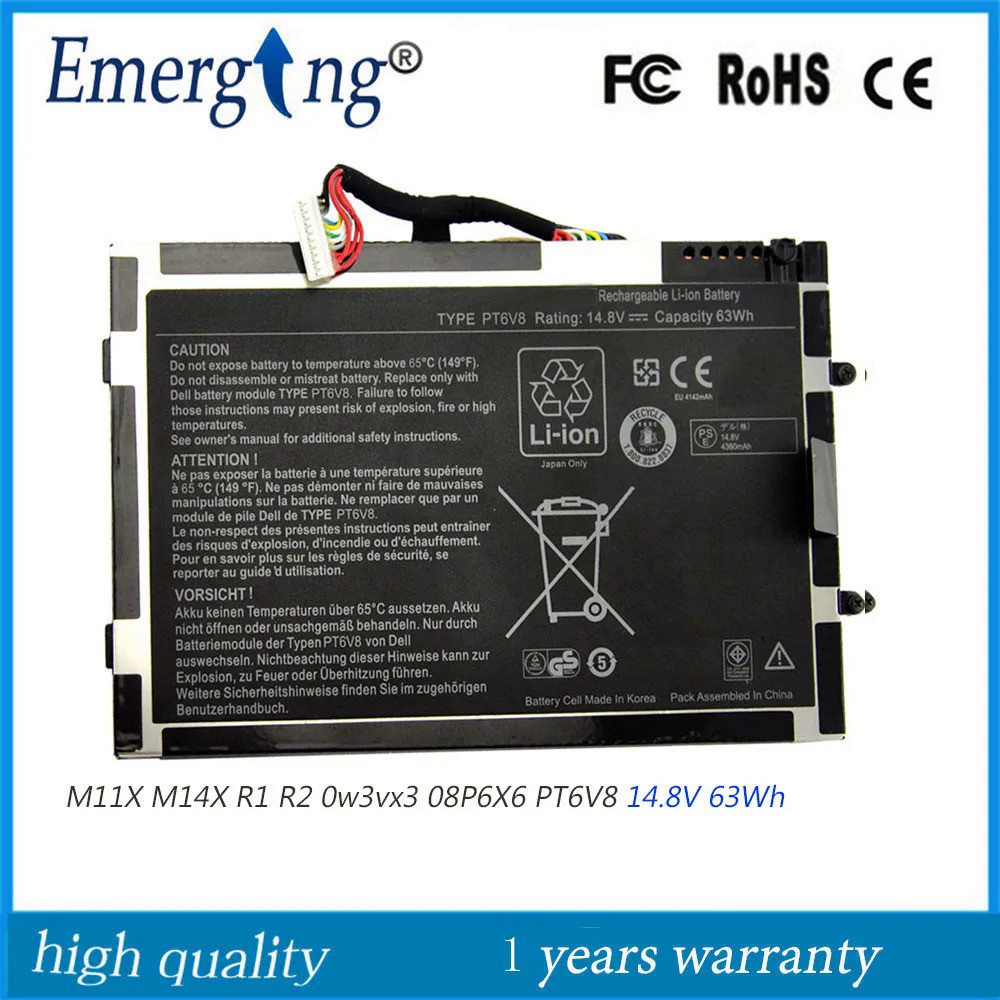 14.8V PT6V8 8P6X6แบตเตอรี่แล็ปท็อปสำหรับ Dell Alienware M11X M14X R1 P06T 08P6X6 T7YJR