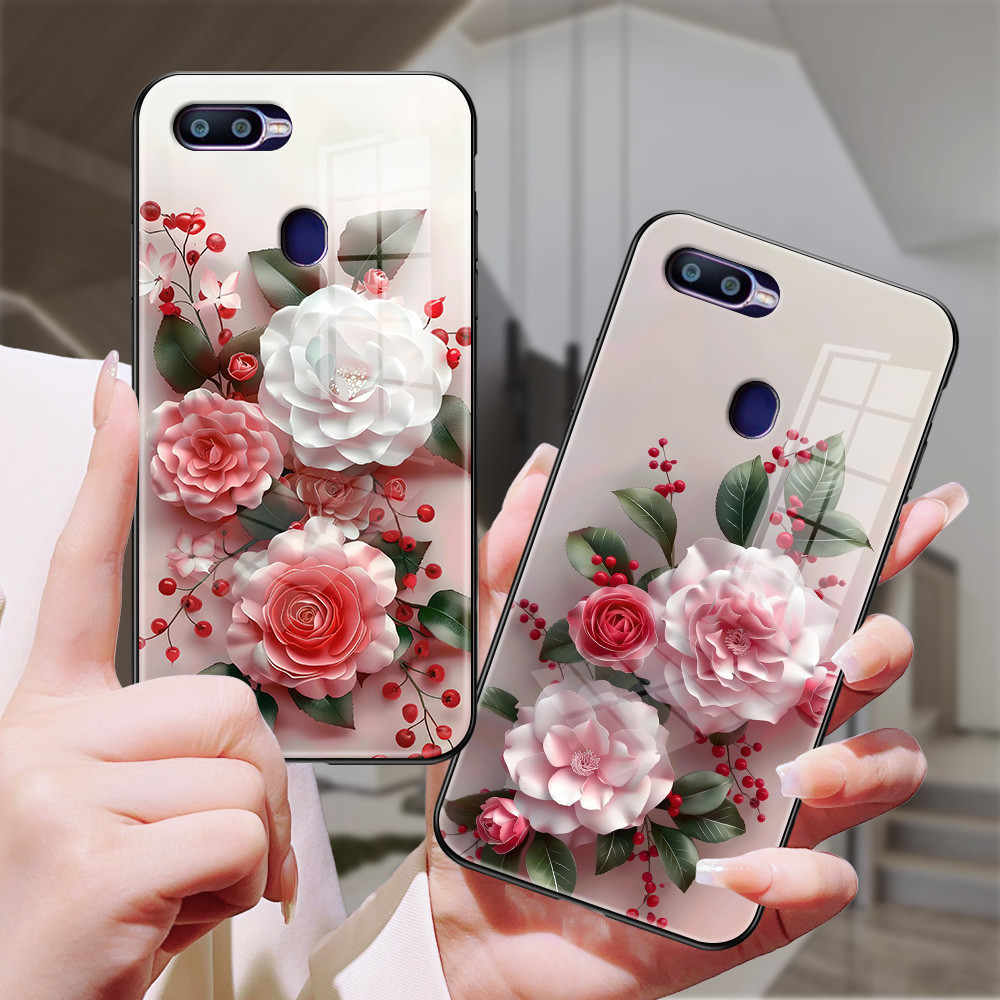 กุหลาบจีน เคส กระจก oppo F9 pro A96 A95 A94 A93 A92 A83 A77 S A76 A74 A72 F5 F7 F19 F15 F11 F19 pro F11 pro h3f1074
