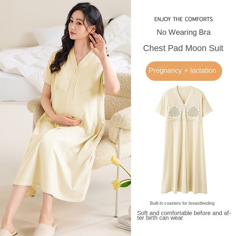 พร้อมแผ่นรองหน้าอก ชุดนอนหญิงตั้งครรภ์   แบบบาง  ชุดให้นมบุตร ชุดนอนแขนสั้นยาวให้นมหลังคลอด