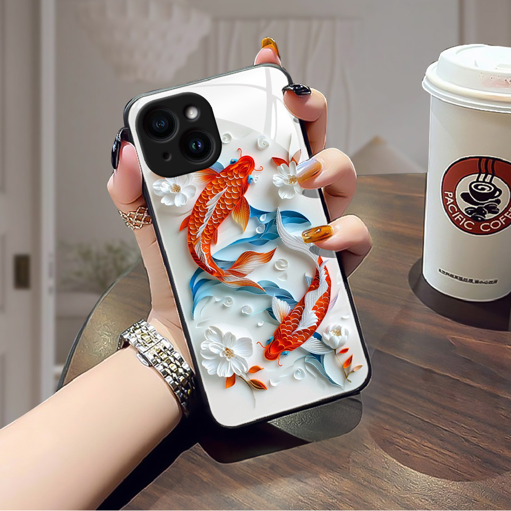 ปลาคราฟลายนูน เคส กระจก iPhone 11 pro max 12 mini 13 14 plus 15 pro XR X XS max 6 7 6s 8 se h3f1641