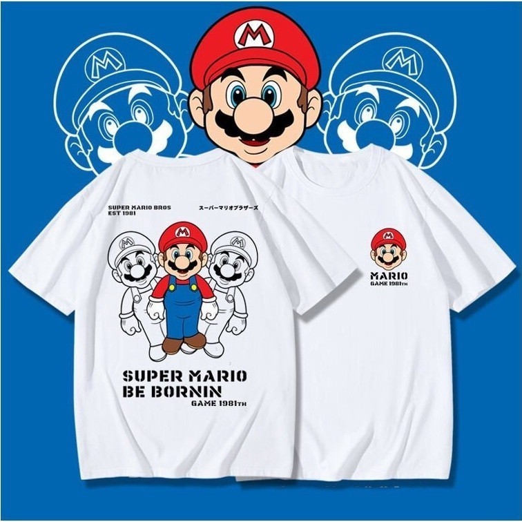 Mario แฟชั่นเวอร์ชั่นเกาหลีผู้ชายผู้หญิงสีดําสีขาวสีแดงเสื้อยืดแขนสั้น S-5XL
