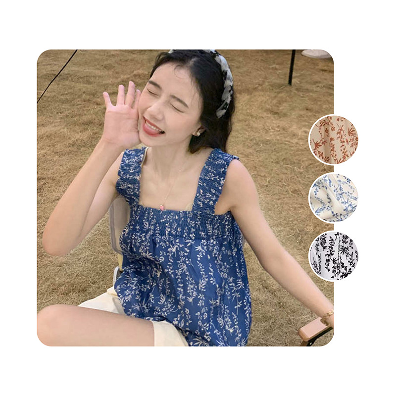 เสื้อครอปสั้น คอเหลี่ยม ลายดอกไม้เเฟชั่นวินเทจ สำหรับผู้หญิง ใส่สบาย มีให้เลือก 4 สี Free size