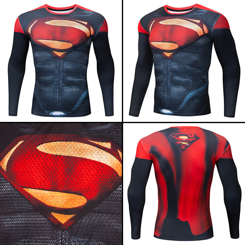 【COD】Men's Compression Sport Tight Shirt Breathable Training Base Layers Superman Sports Running Fit