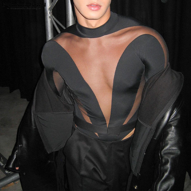 【COD】INCERUN Men Bodysuits Mesh Patchwork Transparent Turtleneck Long Sleeve Rompers T Shirt Men Str