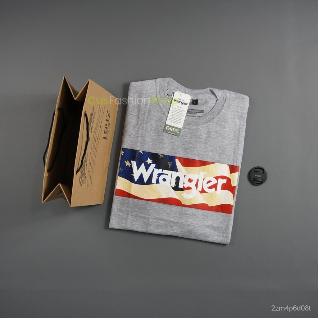 【High quality】Wrangler men's T-shirt import Wrangler USA T-shirt import Short Sleeve Grey Misty