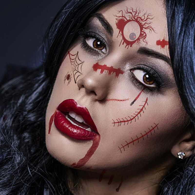 ส่งไวจาก กทม. 6 แบบ แทททู สติ๊กเกอร์ รอยแผล สำหรับแต่งหน้าธีมผี ปาร์ตี้ คอสเพลย์ ฮาโลวีน / Halloween Tattoo Sticker - รูปที่ 3
