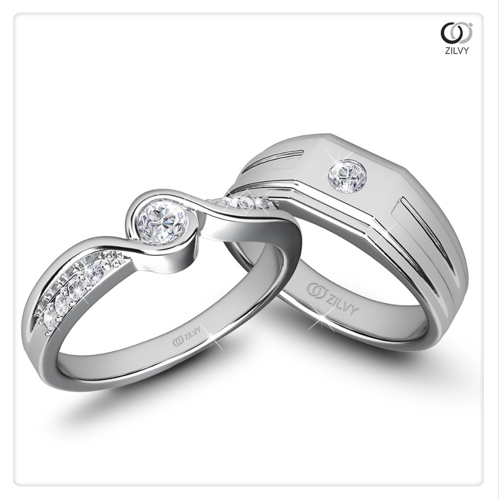 Zilvy - แหวนคู่เพชรน้ำร้อย (GR888/BR392) ตัวเรือนเงินแท้ชุบทองคำขาว