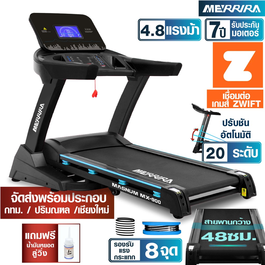 MERRIRA ลู่วิ่งไฟฟ้า 4.8 แรงม้า MX-900 / MX-910 ต่อ ZWIFT ได้ สายพานกว้าง ปรับชันไฟฟ้า รับแรงกระแทก