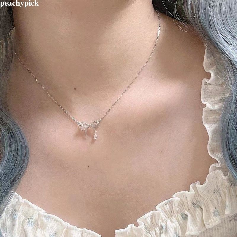 peachypick สร้อยคอโบว์สองชั้นสามมิติผู้หญิงหรูหรา Niche Water Drop Collarbone Chain