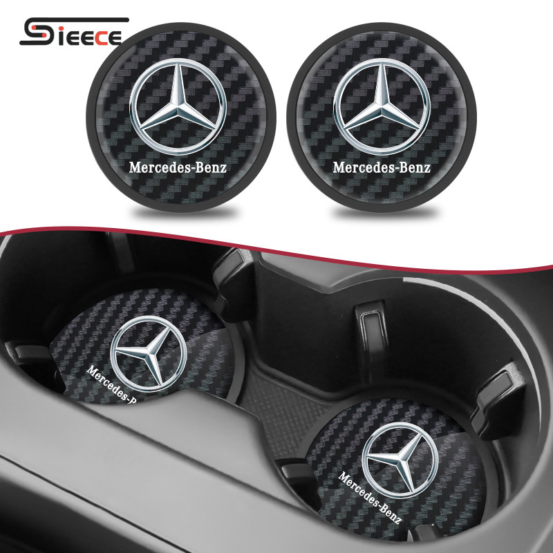 Sieece คาร์บอนไฟเบอร์ ที่รองแก้วในรถยนต์ ซิลิโคน เสื่อกันลื่น สำหรับ Mercedes Benz W124 W204 W202 W203 W212
