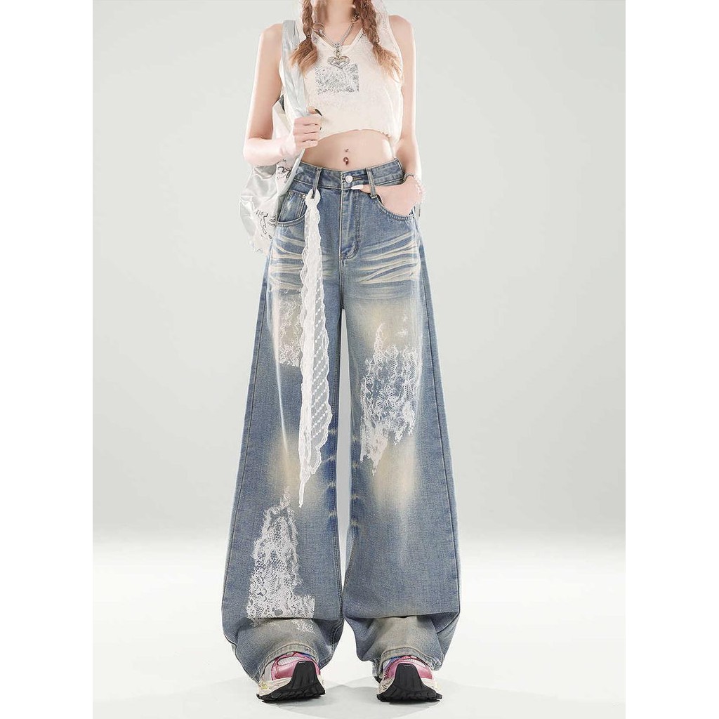 กางเกงยีนส์กระบอก กางเกงยีนส์เอวสูง ขากว้าง สไตล์สตรีท สาวอวบใส่ได้ #1501205