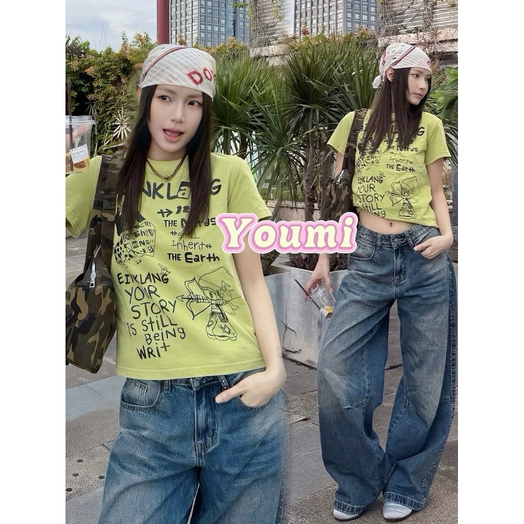 พร้อมส่ง🍒แขนสั้น เสื้อยืดคอกลม แฟชั่นฮาราจูกุพิมพ์ลายตัว  สไตล์วินเทจ ใส่สบา แฟชั่นฤดูร้อน Youmi