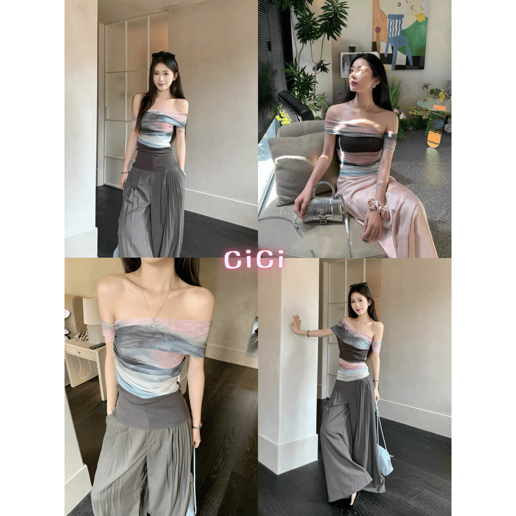 ส่งทันทีCici(NO. H8863)เสื้อเกาะอกเปิดไหล่ผ้าตาข่าย ลายมัดย้อมไล่สีสวยทรงผู้ดีมีสไตล์ เข้าทรวงทรง สุดฮอต ใส่ได้ 2 ด้าน