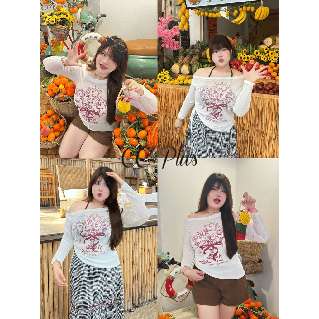 CiCi Plus+(CM2081-1) เสื้อแขนยาวผ้าโปร่งปาดไหล่ พิมพ์ลายเทียนไขและโบว์สีแดง เชือกผูกด้านข้าง สไตล์สาวพลัสไซส์