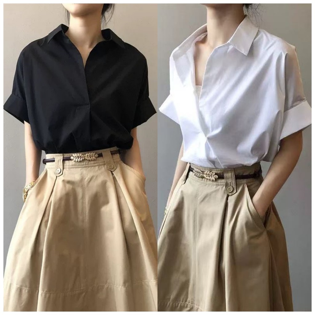 เสื้อแขนสั้นผู้หญิง แบบคล้องคอวี สไตล์เรียบหรู