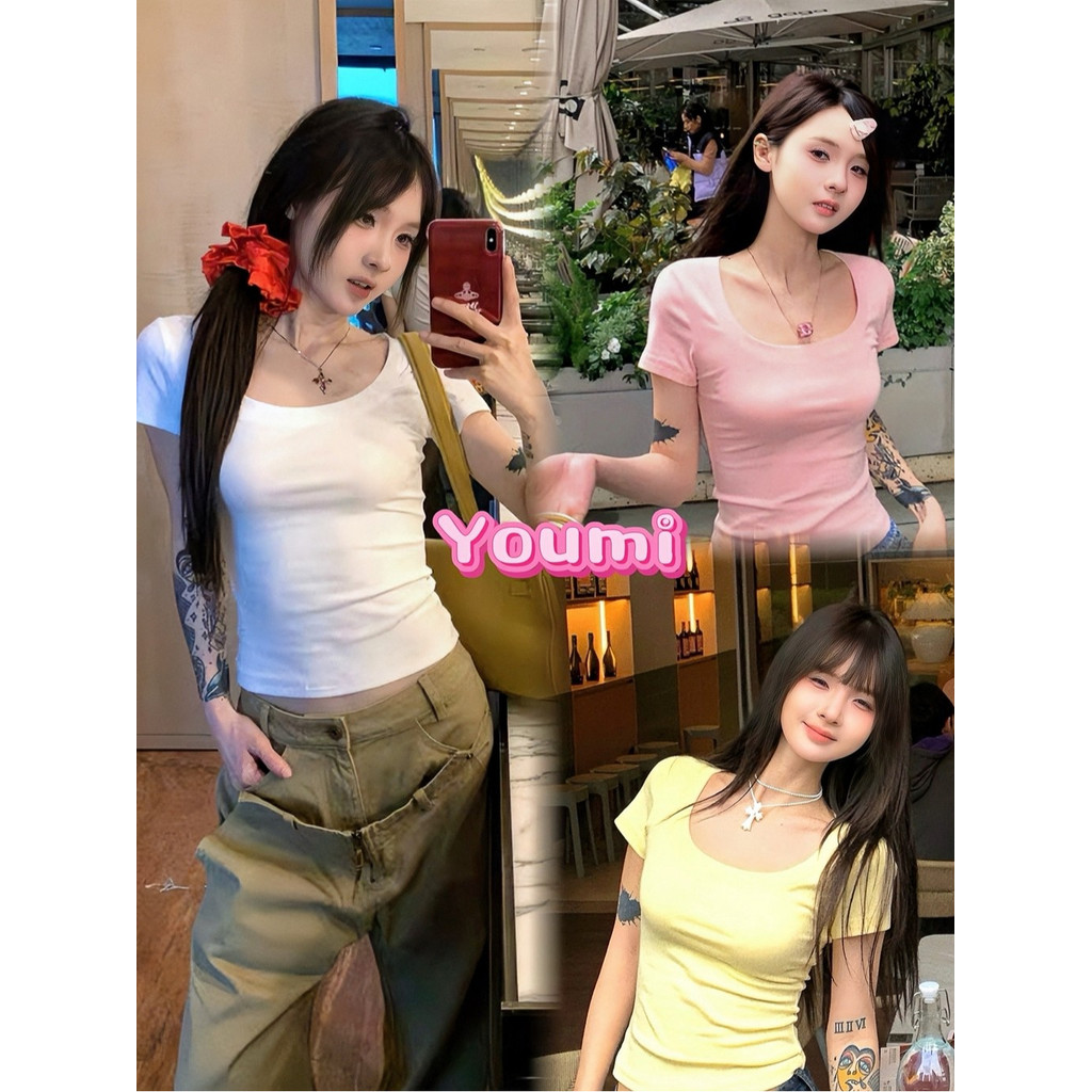 พร้อมส่ง เสื้อครอปคอเหลี่ยม ผ้ายืดยูนิ มีสีให้เลือกมากมาย  ผ้านุ่มใส่สบาย แฟชั่นสไตล์เกาหลี YOUMI