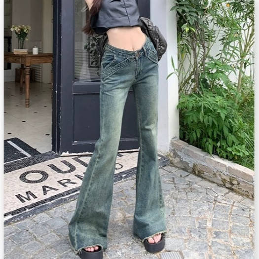 กางเกงยีนส์ขาบานขอบดิบสไตล์เรโทร สำหรับผู้หญิง เอวต่ำ สไตล์สาวฮอต ยางยืดต่อ ทรงเข้ารูป มีกระเป๋าด้านข้าง - รูปที่ 3