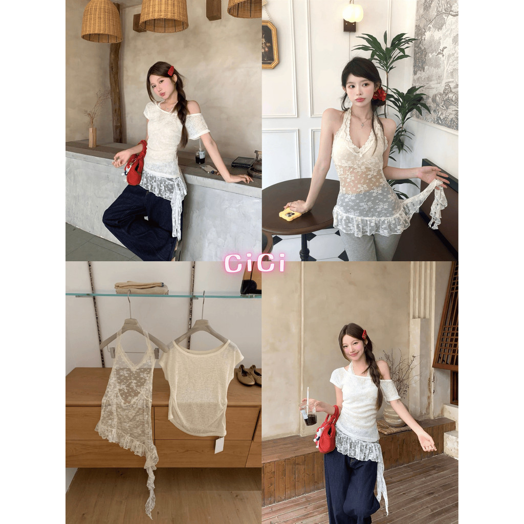 ส่งทันทีCici(NO. J2221)Set 2 ชิ้น เสื้อแขนสั้น+ซีทรูคล้องคอด้านใน สไตล์หน้าร้อน Summer