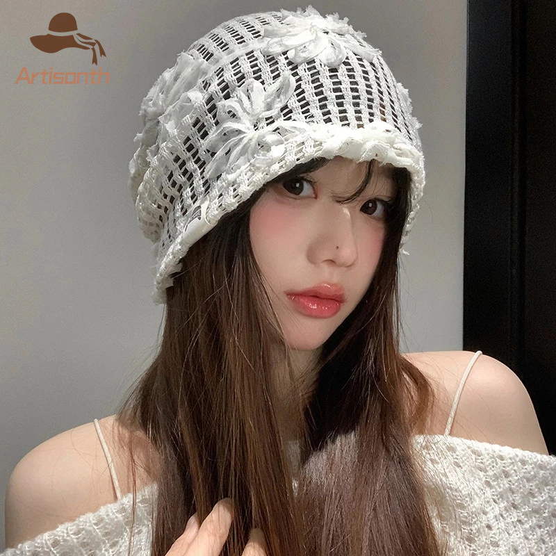 ส่งเร็ว💥หมวกไหมพรม ดอกไม้ แต่งรูกลวง หมวกผู้หญิง ระบายอากาศได้ดี แบบบางกันแดดน้ำหนักเบาพกพาสะดวก