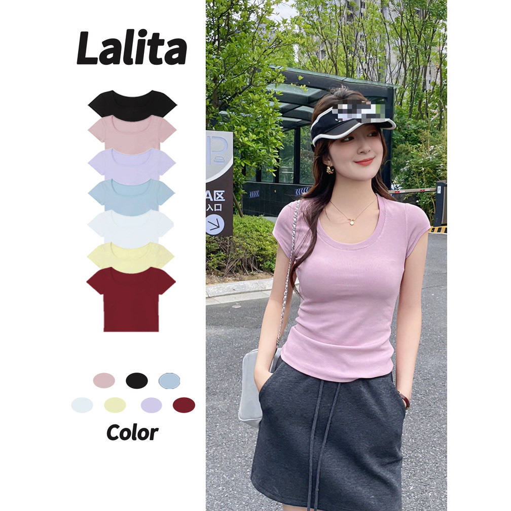 พร้อมส่งจากกทม เสื้อยืดแขนสั้นผ้าไหมน้ำแข็งผู้หญิง แฟชั่น สีพื้น ลำลอง แขนสั้น  Lalita