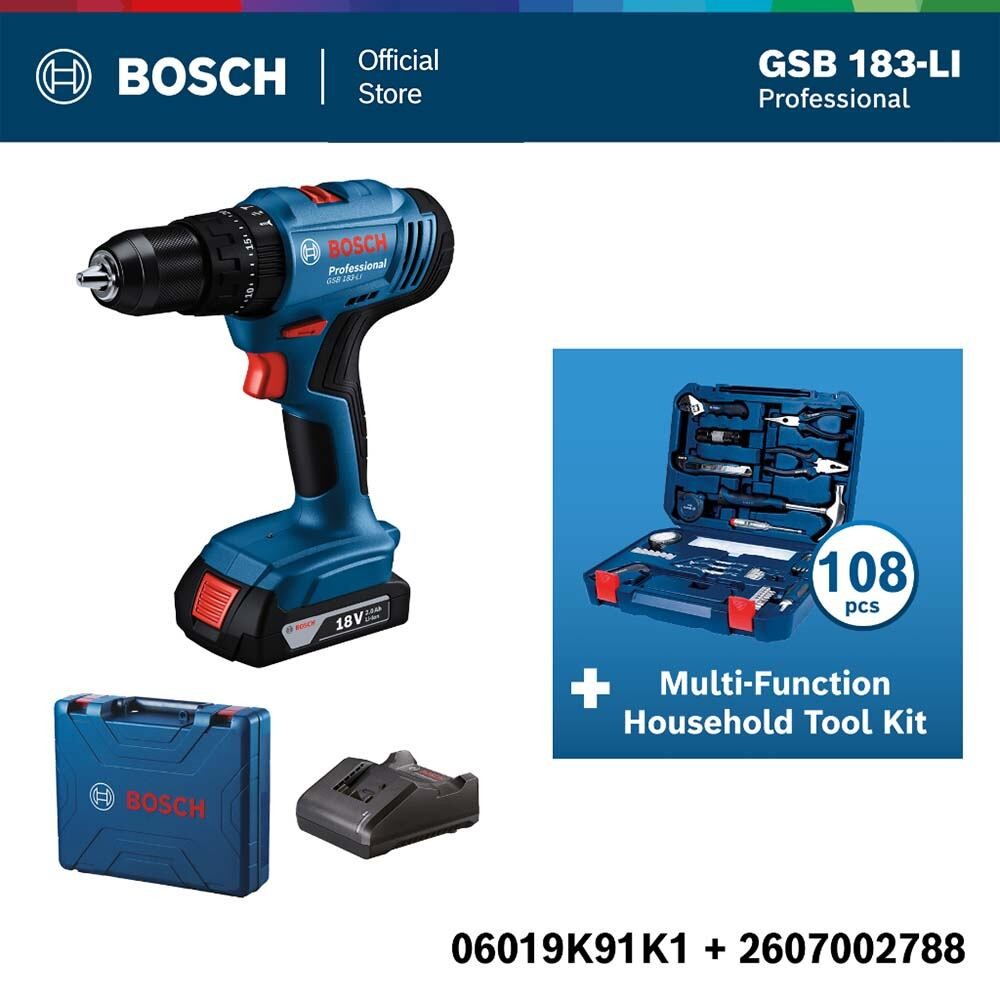 Bosch ชุดสุดคุ้ม สว่านกระแทกไร้สาย GSB 183 และ ชุดเครื่องมือช่างเอนกประสงค์ 108 ชิ้น