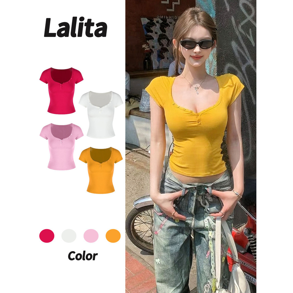 พร้อมส่ง แขนสั้นรั ดรูปเซกซี่ เสื้อน่ารักผู้หญิง เสื้อรัดรูป  สีพื้น 4สี  สไตล์เกาหลี Lalita