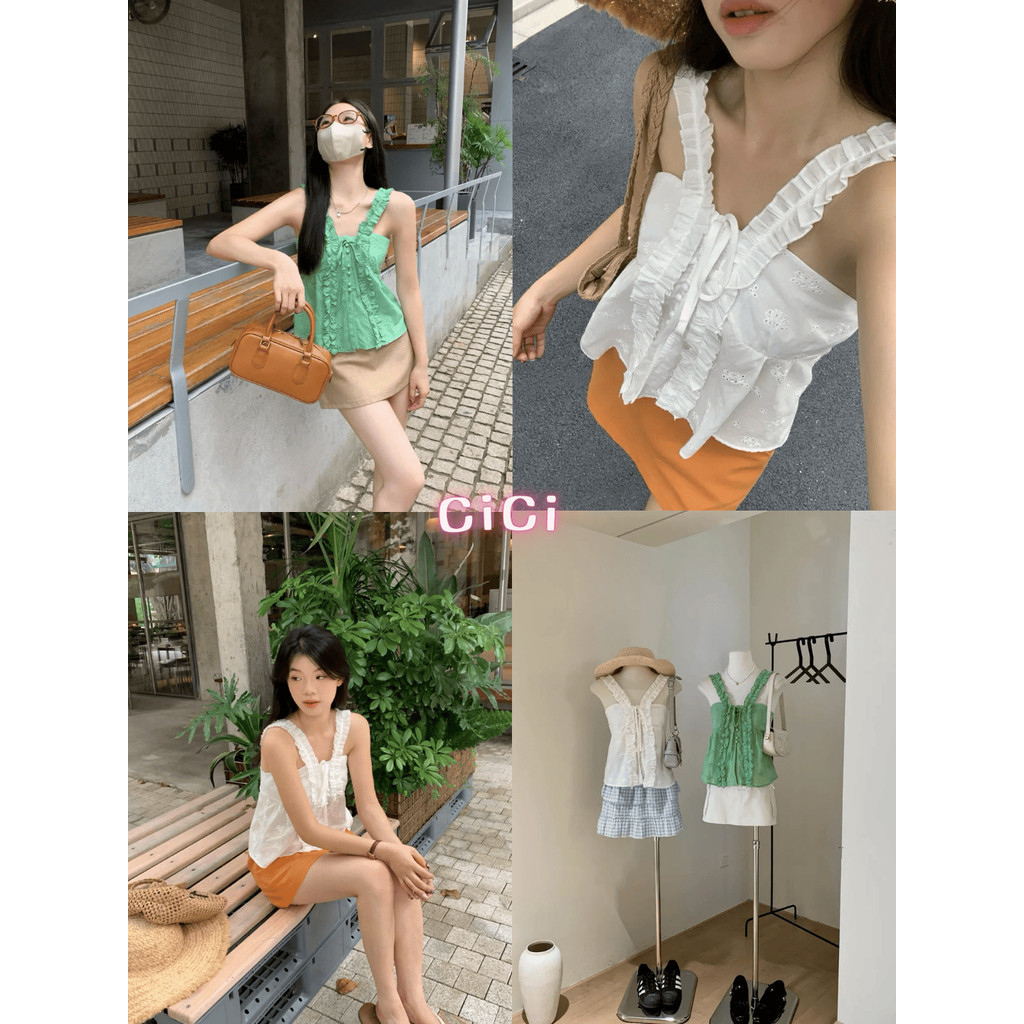 ส่งทันทีCici(NO. J2212) เสื้อสายเดี่ยวผูกโบว์ด้านหน้า ดีเทลลูกไม้ สายปรับได้ สม็อคหลัง มีกระดุมหน้าสไตล์สาวเกาหลีตัวเล็ก