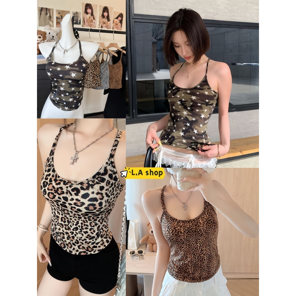 L.A Shop★พร้อมส่ง เสื้อสายเดี่ยว มีฟองน้ำ เสื้อกล้าม สายเดี่ยว เซ็กซี่ ลายเสือลายพราง "FY6119"