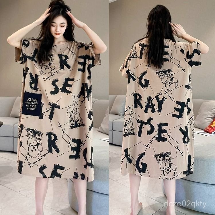 ชุดนอนแขนสั้นใหม่สำหรับผู้หญิง ฤดูร้อน แบบบาง ขนาดใหญ่พิเศษ200ชุดนอนยาวกลางสำหรับผู้หญิง สวมใส่ได้กลางแจ้ง ชุดนอนลายการ์