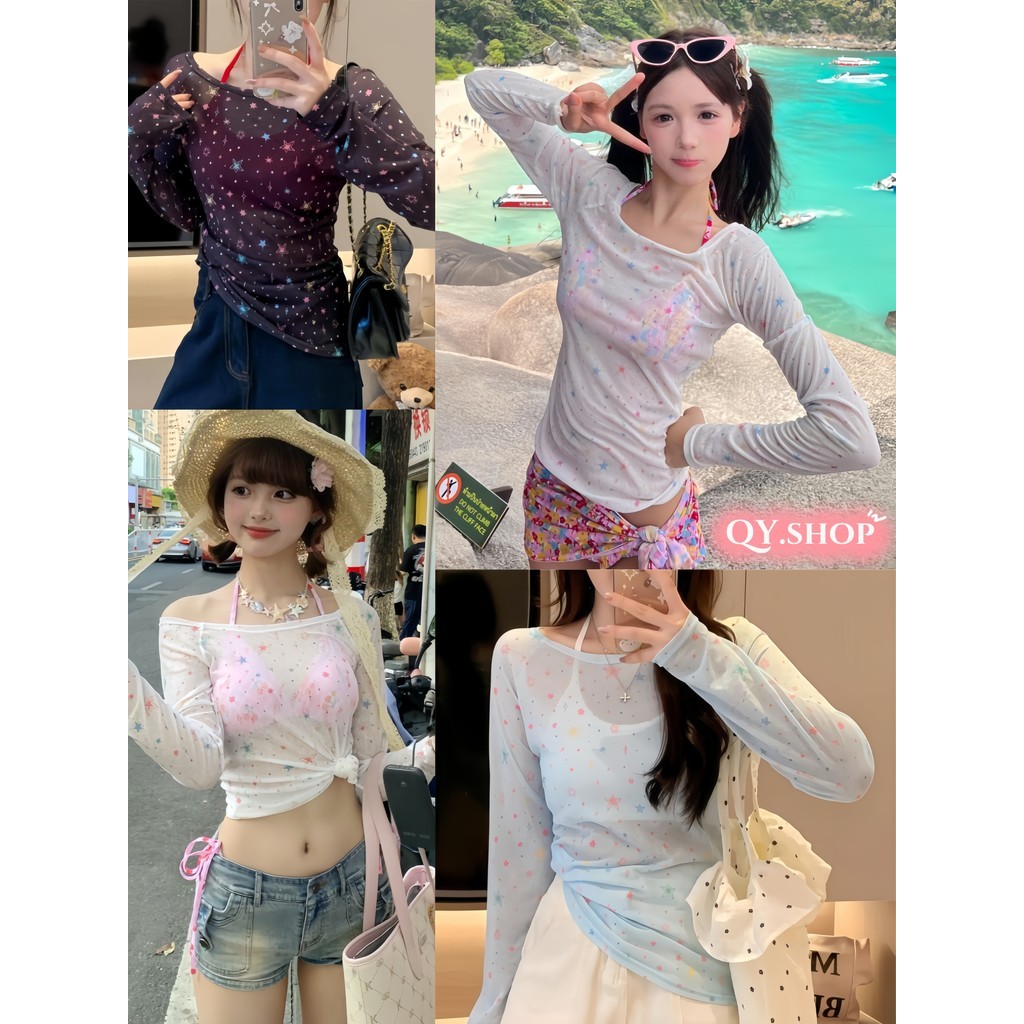 QY.Shop⭐️พร้อมส่ง สายเดี่ยวคล้องคอครอป/ เสื้อยืดซีทรู แขนยาว คอกลม น่ารักๆ ลายดาวสีสดใส ใส่ง่าย "FY3616"