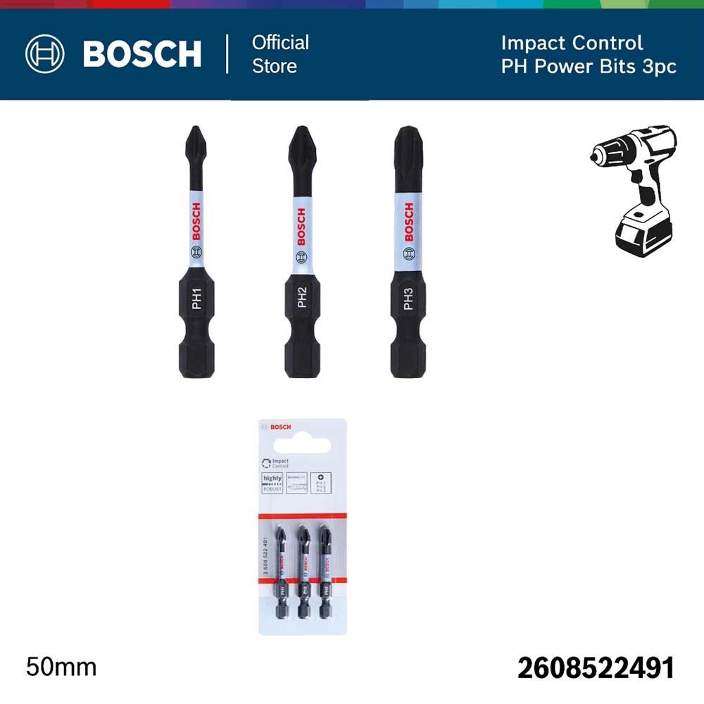 BOSCH ดอกไขควง สีดำ Impact Control PH1/2/3 Power Bits, 3 Pcs.