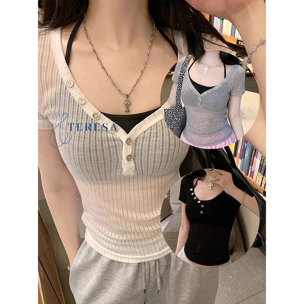 เสื้อครึ่งแขนคอวี สั้น กระดุมหน้า ใส่สบายสำหรับซัมเมอร์
