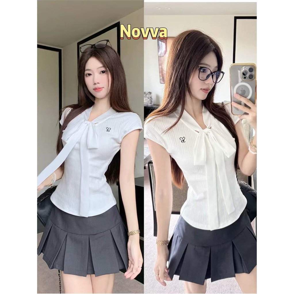 ส่งไวจากไทย เสื้อเบลาส์สีขาว ผูกโบว์ สำหรับผู้หญิง เสื้อยืดเบสิคปัก ผ้านิ่ม น่ารักๆ สไตล์เกาหลี