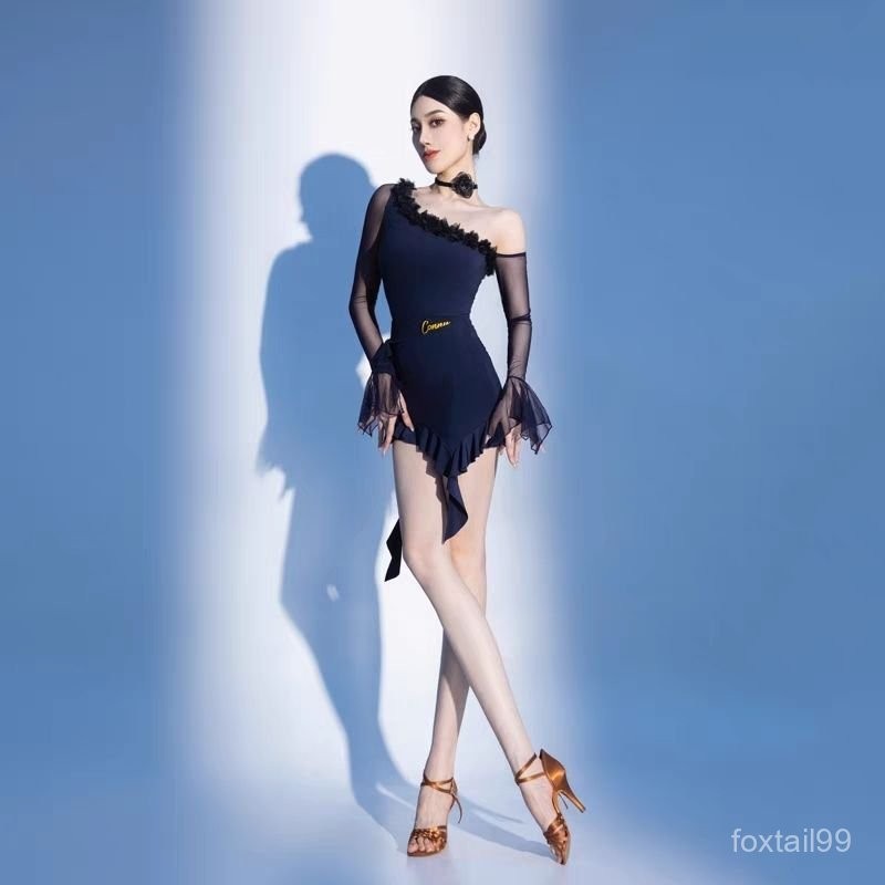 MFG ชุดเต้นรำลาตินสำหรับผู้หญิง ชุดฝึกซ้อมเต้นประจำวันสำหรับผู้ใหญ่ กระโปรงมาตรฐานแห่งชาติ เสื้อแขนย